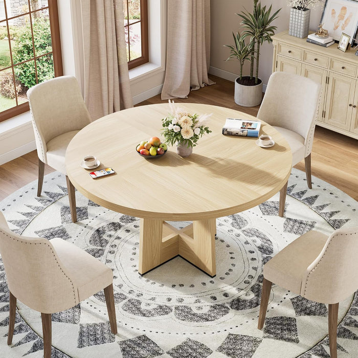 47" round Dining Table for 4-6 People - Circle Kitchen Dinner Table with Sturdy Pedestal Base, Space Saving Dinning Room Furniture for Living Room, Kitchen, Apartment, Natural