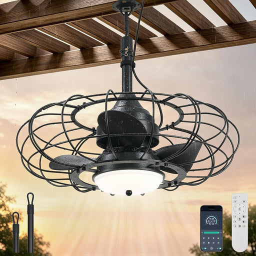 20" Black Outdoor Ceiling Fan with Light and Remote/App,3Cct 6 Speed Gazebo Fan Outdoor Hanging Hook,Ip65 Waterproof Plug in Ceiling Fan for Patios, Garage, Porch, Pergola,Canopy