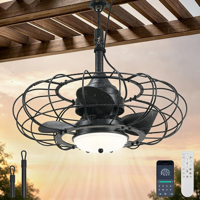 20" Black Outdoor Ceiling Fan with Light and Remote/App,3Cct 6 Speed Gazebo Fan Outdoor Hanging Hook,Ip65 Waterproof Plug in Ceiling Fan for Patios, Garage, Porch, Pergola,Canopy