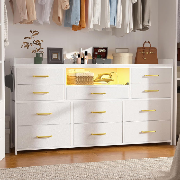 Dresser TV Stand with 11 Drawers for 60" TV Stand for Bedroom with LED Lights & Power Outlets Long Dresser for Bedroom with Shelves & 4 Hooks Sturdy Metal Frame & Wood Top, White