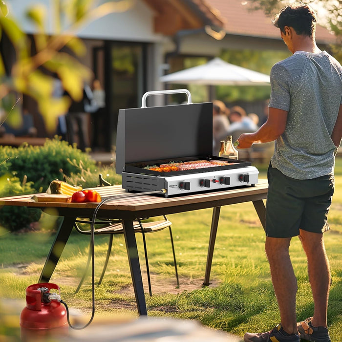 4 Burner Portable Propane Griddle with Enameled Tray & Lid, 40,000 BTU Tabletop Flat Top Gas Grill with Electronic Ignition & Regulator for Outdoor Cooking Camping BBQ Tailgating