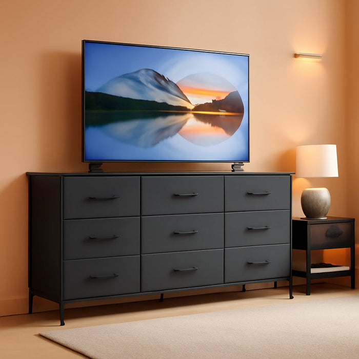 Dresser, Dresser for Bedroom with 9 Drawers, Wide Dresser TV Stand for 55” TV Stand for Bedroom Dresser Long Dressers & Chests of Drawers, Metal Frame&Wood Top, Closet, Hallway, Grey