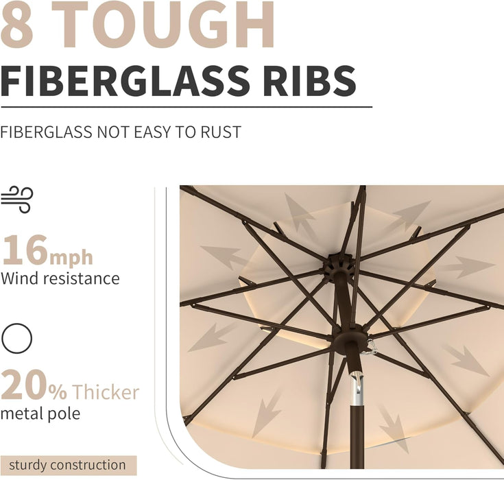 9FT 3-Tier Large Outdoor Patio Umbrella Market Table Umbrella-Uv Resistant,Easy Push Button Tilt and Crank,8 Sturdy Fiberglass Ribs Heavy-Duty Pool Umbrella for Deck,Backyard,Garden,Yard,Beige