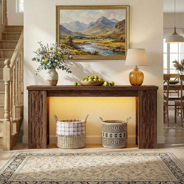 63" Console Table with Outlet, Farmhouse Entryway Table with Colorful LED Lights, Wooden Sofa Table with Unique Carved Design, Foyer Accent Table for Entrance, Hallway, Living Room