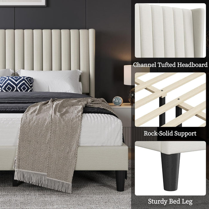 Queen Bed Frame Upholstered Platform Bed with Fabric Headboard, Wing Edge Design/Non-Slip and Noise-Free/Wooden Slats Support/No Box Spring Needed/Easy Assembly, Beige Queen Bed