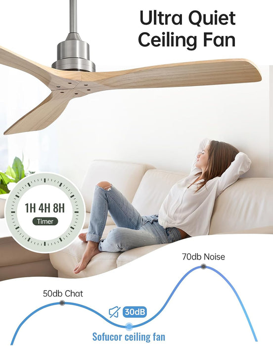 52 Inch Ceiling Fans No Light-Outdoor Ceiling Fan with Remote Control, Modern Wood Ceiling Fan without Light for Bedroom Indoor Patios Farmhouse,Reversible DC Motor,Brushed Nickel&Natural Wood