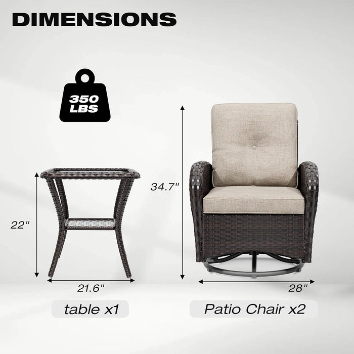 Outdoor Swivel Rocker Chairs, 3 Piece Wicker Patio Set with Thick Cushion and Side Table, Rattan Patio Swivel Rocking Chairs for Porch, Deck Use (Brown/Beige, 3 PCS)