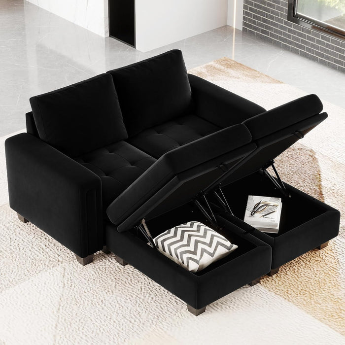 Velvet Modular Sectional Sofa Couch with Storage Convertible Sectional Sleeper Sofa Couch Bed Set with Reversible Chaise Black