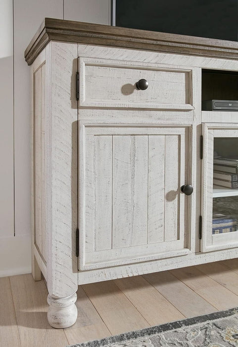 Havalance Farmhouse TV Stand Fits Tvs up to 72", 4 Cabinets and Shelves for Storage, Vintage White & Weathered Gray