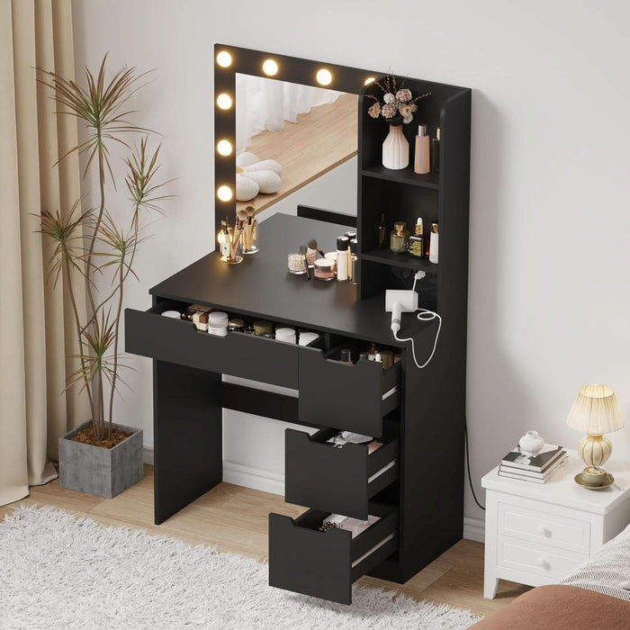 Vanity Desk with Mirror and Lights - Makeup Vanity Desk with 4 Drawers, Built-In Power Outlet & USB, Adjustable LED Lighting, Makeup Table for Bedroom