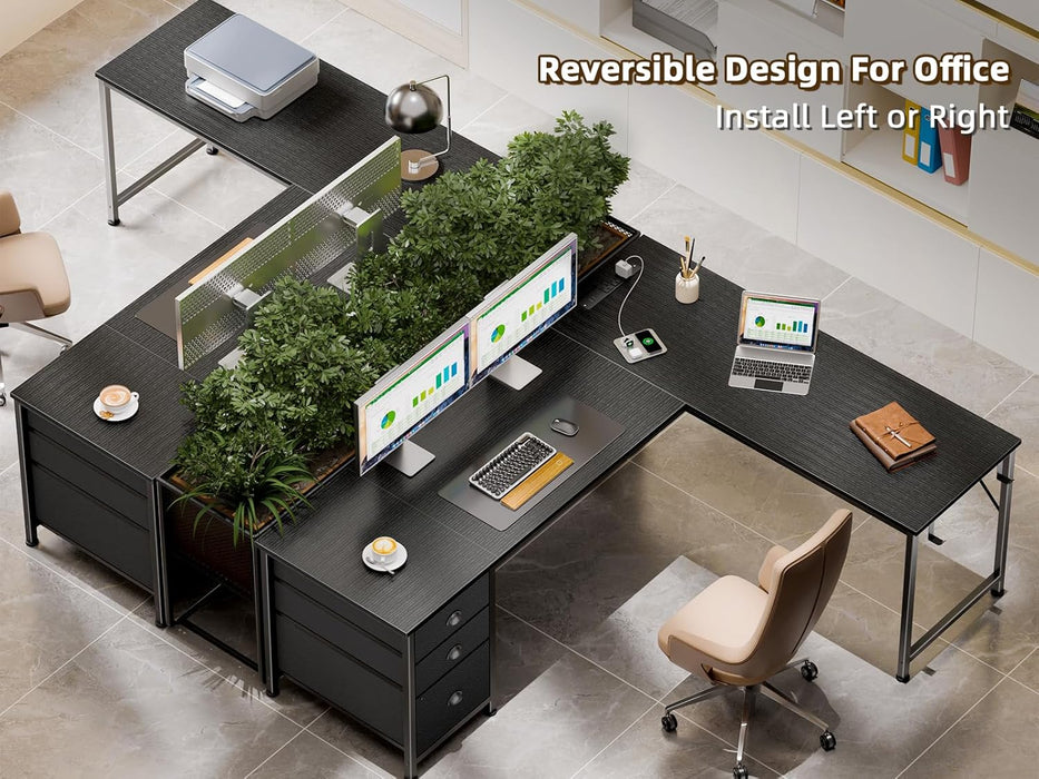 63" L Shaped Computer Desk with Power Outlet & USB-C Port, Reversible Home Office Desk with 2 Fabric Drawers, File Cabinet, Hooks, Large Corner Table for Gaming, Writing, Work, Black