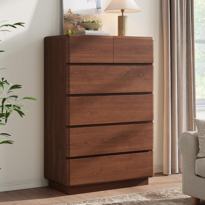 Walnut 6 Drawer Dresser for Bedroom, 48" Tall Dressers & Chest of Drawers with Curved Profile Design, Modern Dresser with Thickened Base for Bedroom, Living Room, Hallway