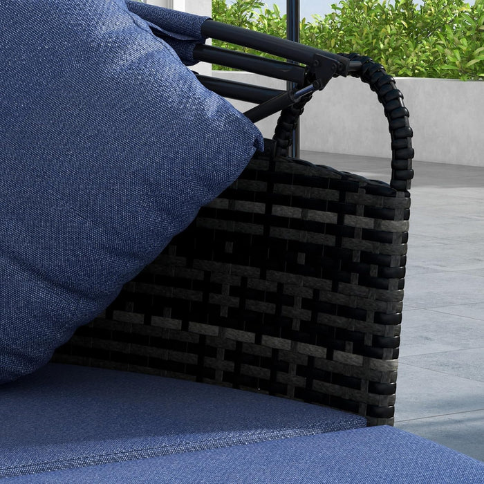 4-Piece round Convertible Daybed with Cushions, Outdoor PE Rattan Patio Wicker Sofa Set, Sunbed with Adjustable Sun Canopy, Sectional Sofa, 2 Chairs, Table, 3 Pillows, Dark Blue