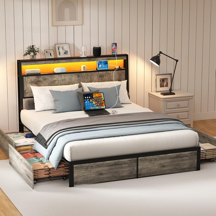 Full Size Bed Frame with Storage Headboard, Metal Platform Full Bed Frame Wood with 4 Drawers, LED Light, Charging Station, No Box Spring Needed, Noise Free, Easy Assembly, Grey