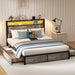 Full Size Bed Frame with Storage Headboard, Metal Platform Full Bed Frame Wood with 4 Drawers, LED Light, Charging Station, No Box Spring Needed, Noise Free, Easy Assembly, Grey