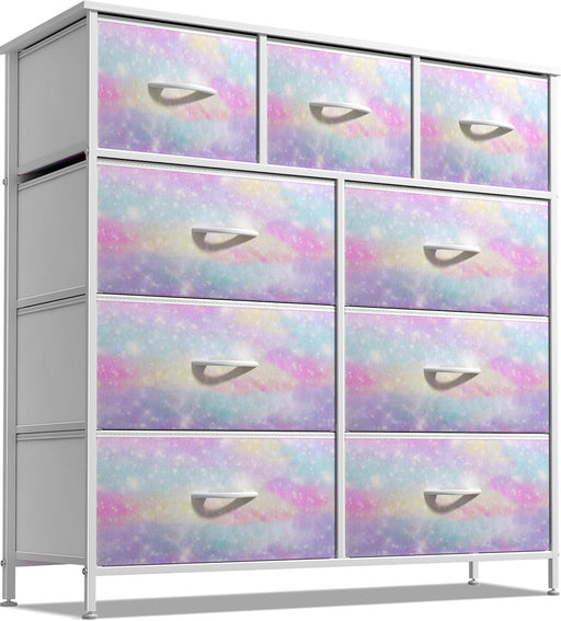 Dresser with 9 Drawers - Furniture Storage Chest for Kid’S, Teens, Bedroom, Nursery, Playroom, Clothes, Toys - Steel Frame, Wood Top, Fabric Bins (Tie-Dye)