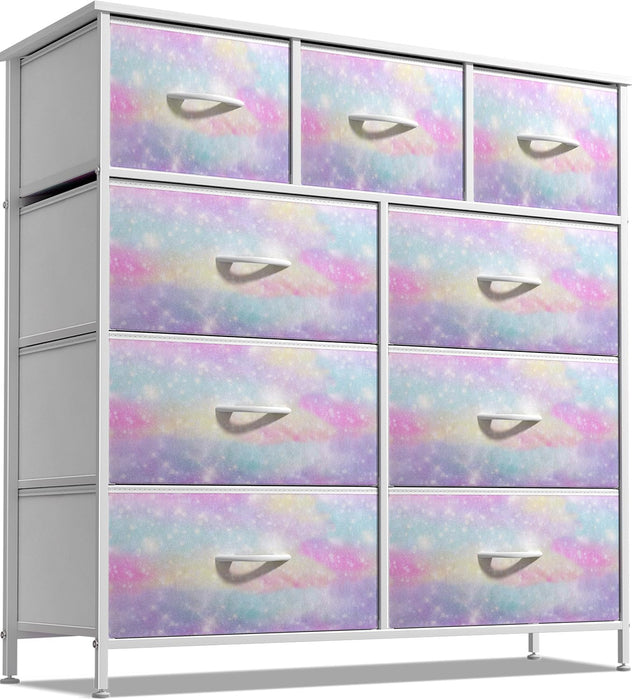 Dresser with 9 Drawers - Furniture Storage Chest for Kid’S, Teens, Bedroom, Nursery, Playroom, Clothes, Toys - Steel Frame, Wood Top, Fabric Bins (Tie-Dye)