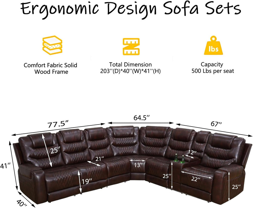 Power Recliner Sectional Sofa with LED Lighting, Breathing Leather Corner Couch with USB Port and Storage Console, Cup Holders– Home Theater & Living Room Seating (Brown)