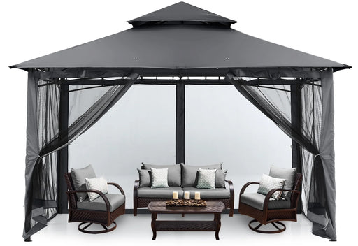 11' X 11' Outdoor Patio Gazebo Double Roof Steel Frame with Mesh Walls, Dark Gray