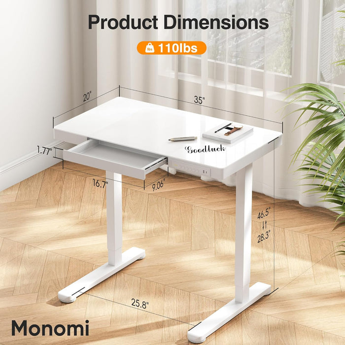 35" Glass Standing Desk with Drawer and USB Ports, Electric Height Adjustable Desk for Home Office, White Sit Stand Table with Storage, Easy Assembly Computer Desk for Small Spaces