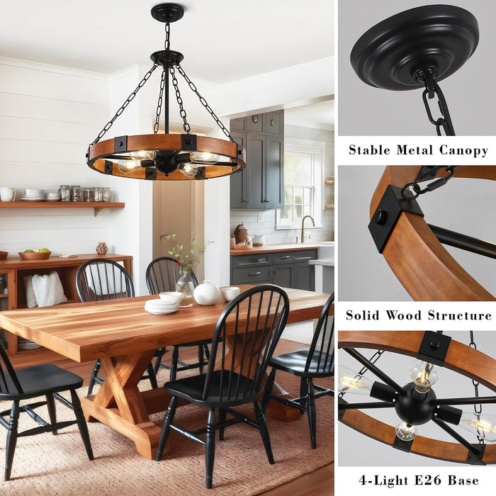 23.6 Inch Wood Wagon Wheel Chandelier 4-Light Farmhouse Chandelier