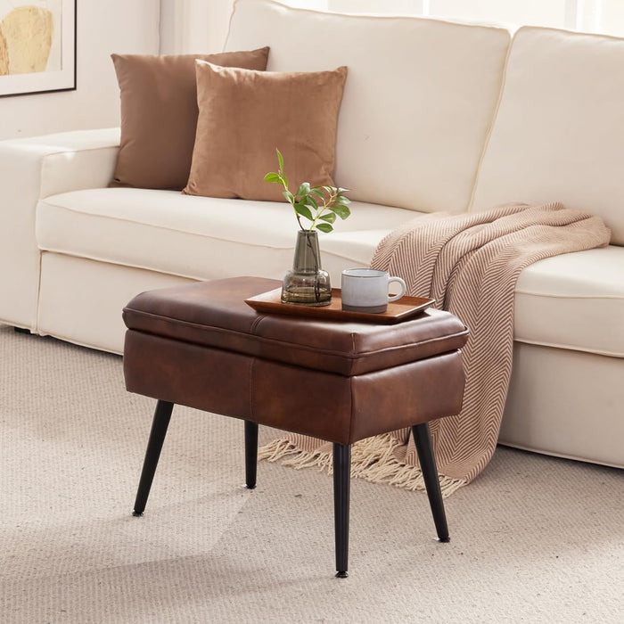 Storage Ottoman Upholstered Stool with Padded Seat, Tufted Vanity Stool with Metal Legs, Accent Stool, Faux Leather, Retro Brown