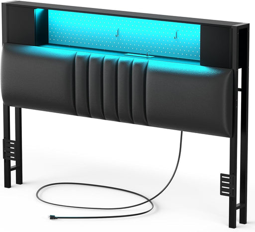 Headboard for Full Size Bed with Storage and Cabinet, Black Upholstered Headboards with Outlets, USB Ports, and DIY Color of LED Light, Full Head Board Only, Comfortable Headboard, Black