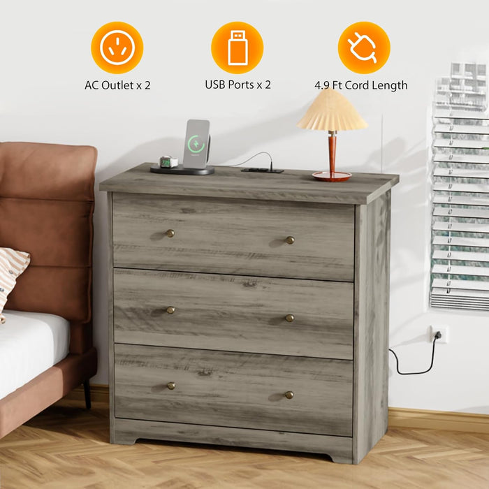 3 Drawer Dresser with Charging Station, Small Dresser Grey Chest of Drawers, 31.5" W Gray Wood Dressers for Bedroom, Living Room, Hallway, Home Office, 15.75" D X 31.5" W X 31.5" H