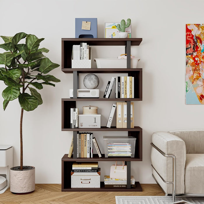 5-Tier Bookshelf Geometric Bookcase S Shaped Modern Book Shelf | Wood Decorative Storage Display Stand Shelves for Living Room, Home Office, Bedroom, Dinning Room