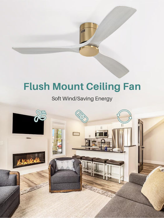 52 Inch Solid Wood Ceiling Fan without Lights Flush Mount Ceiling Fans with Remote Control, Wood Blades Modern Outdoor Ceiling Fan No Light for Bedroom/Farmhouse/Patio/Indoor, Grey Gold