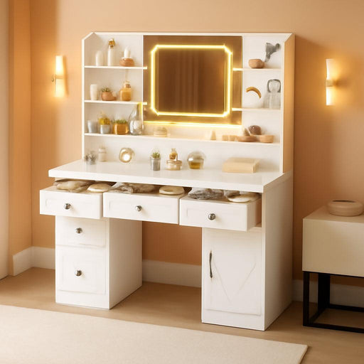 Makeup Vanity Desk with Mirror and Lights, Large Vanity Table with 6 Drawers & 1 Storage Cabinet, White Bedroom Dresser Table for Girls, 3 Color Modes Adjustable Mirror, White