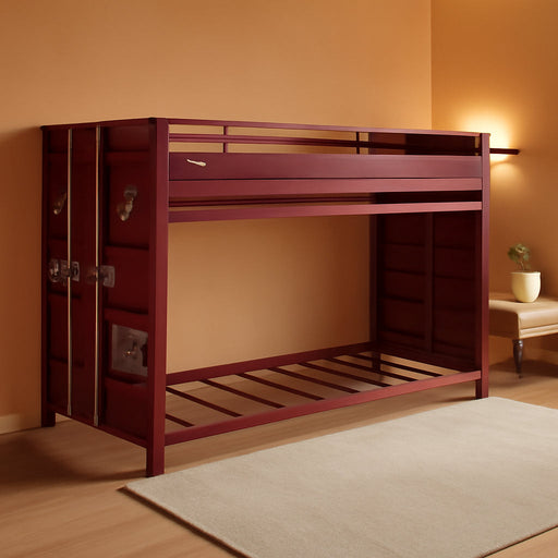Cargo Twin over Twin Metal Bunk Bed with Ladder and Slat System in Red