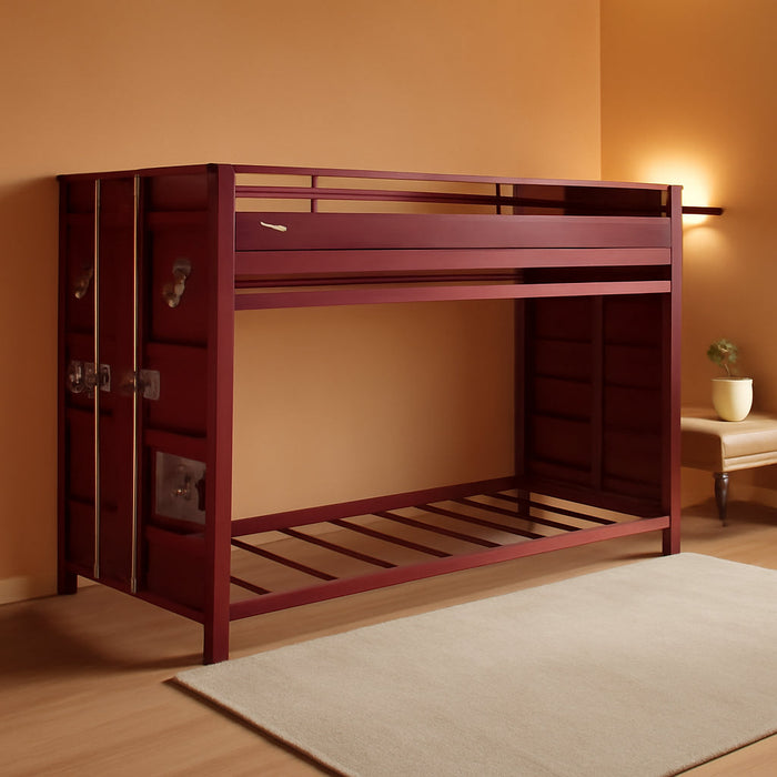 Cargo Twin over Twin Metal Bunk Bed with Ladder and Slat System in Red
