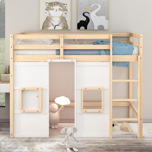 Playhouse Design Twin Size Loft Bed with Built-In Storage Wardrobe and 2 Windows, Solid Wood Loft Bed Frame with Safety Guardrail for Kids Teens Boys Girls, Space-Saving (Whit+Natural)