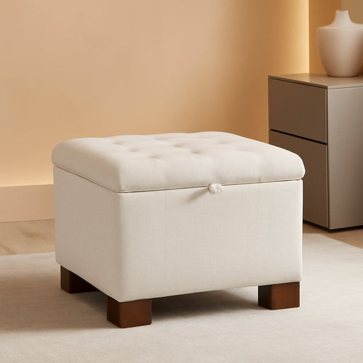 24" Fabric Square Storage Ottoman with Wooden Tray, Modern Tufted Button Footstool Coffee Table, Upholstered Small Ottoman for Living Room, Bedroom, Beige