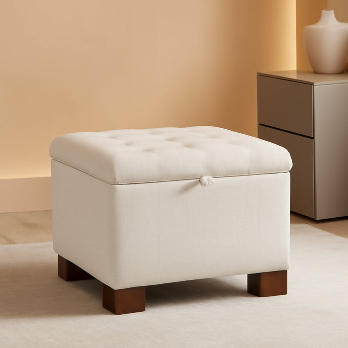 24" Fabric Square Storage Ottoman with Wooden Tray, Modern Tufted Button Footstool Coffee Table, Upholstered Small Ottoman for Living Room, Bedroom, Beige