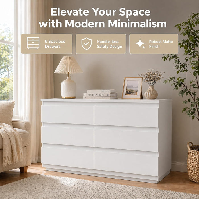 White 6 Drawer Dresser with Led Light and Charging Station for Bedroom