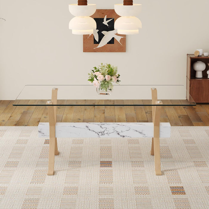 Glass Dining Table 71"｜Modern Dining Table for 6-8｜0.4" Thick Tempered Glass Top｜Wood Pattern Metal Legs｜Marble Crossbar｜Easy Assembly｜Perfect for Dining Room or Kitchen