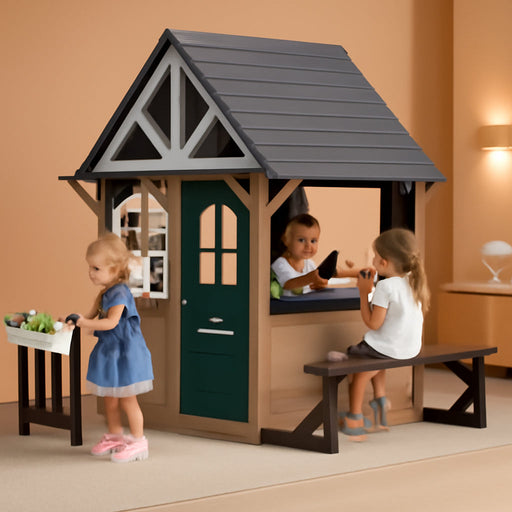 Outdoor Play House for Kids, Fir Wooden Kids Playhouse Outdoor Indoor Cottage Toddler Playhouse with Kitchen, Dutch Door, Bench, Flowerpot Holders, Working Doorbell, Pet Hole, Clock