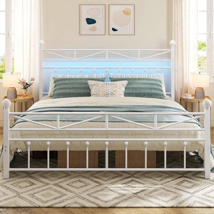 54" Metal King Bed Frame with Tall Headboard & Footboard, LED Light King Bed Frame, Strong Metal Slats Support and Noise-Free Design with under Bed Storage/No Box Spring Needed/White