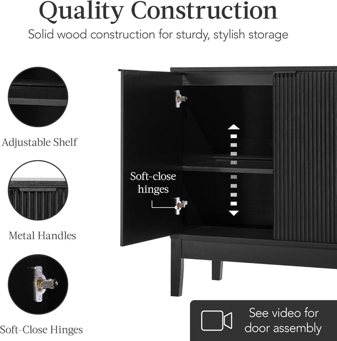 2-Door Modern Storage Cabinet, Buffet, Sideboard, Media Cabinet, Cupboard, Entryway Accent Table, Bookcase W/Reeded Panels and Adjustable Shelves – Black