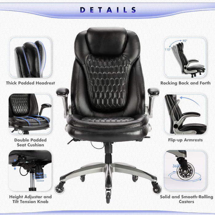 Executive Office Chair-Ergonomic Computer Desk Chair, High Back Leather Chair with Padded Flip-Up Arms, Swivel Home Office Chair Upgraded Caster-Black