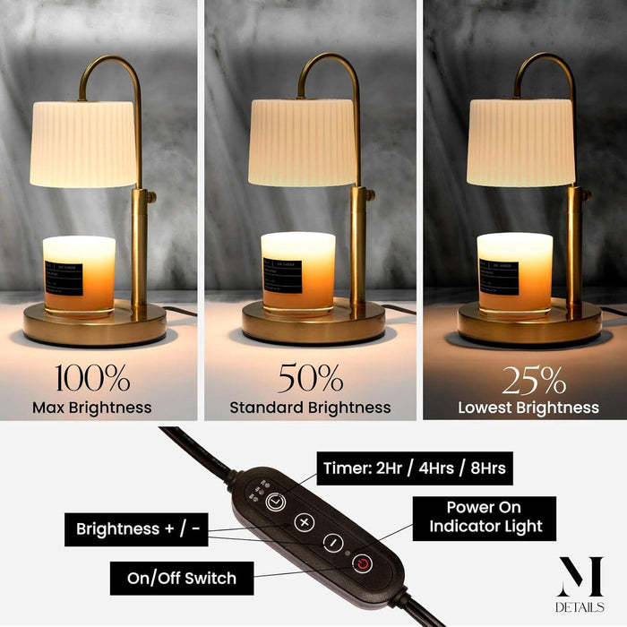 Dimmable Glass Candle Warmer Lamp with Timer - Adjustable Height Candle Lamp Warmer with Timer (8H/4H/2H) - Wax Melter - Ideal Gift, Fits Various Size Scented Candles - 02 Bulb - (Gold Metal)