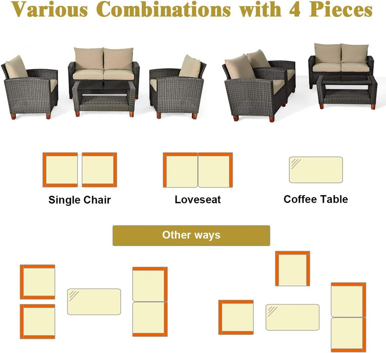 4 Piece Patio Rattan Furniture Set, Onesize, Beige