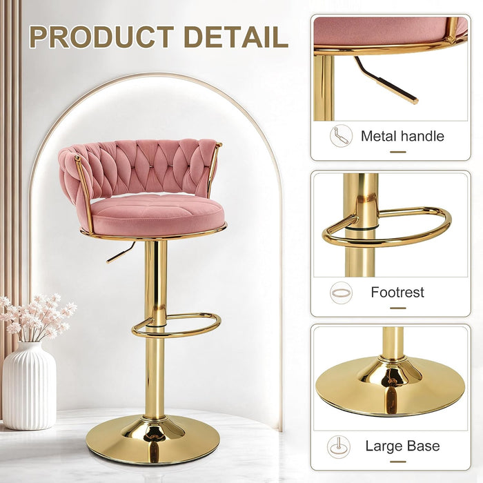 Bar Stools Set of 2, Adjustable Barstools Counter Height Stools with Back and Arm, Velvet Woven Kitchen Island Stools W/Gold Metal Leg Base, 360° Swivel Bar Chair, Pink