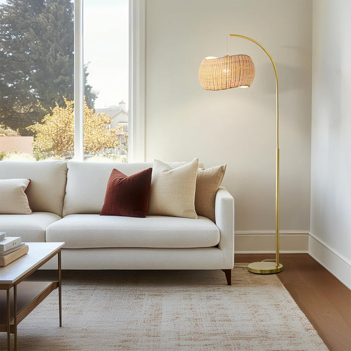 Wave Arc Floor Lamp - Chic Standing Lamp with Unique Hanging Wicker Pendant Shade for Living Room, Boho Rattan Natural Decor Lamp, Arcs over Sofa, Bedroom & Office Desk for Reading - Brass