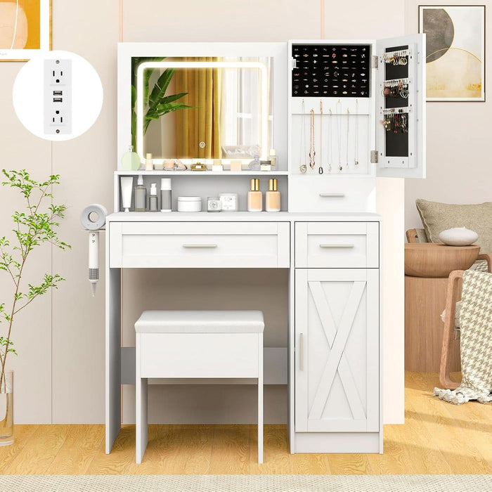 Vanity Desk with Mirror and Lights, Jewelry Storage Cabinet, Farmhouse White Makeup Vanity Desk with Charging Station, 3 Drawers, 3 Lighting Modes, Bedroom Vanity Dressing Table with Stool