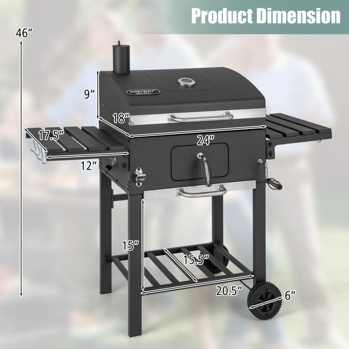 Outdoor BBQ Charcoal Grill with 2 Foldable Side Table and Wheels