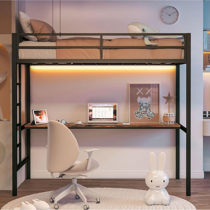 Loft Bed Twin Size with Desk, Metal Loft Bed Frame with Power Outlet and LED Lighted, Space-Saving, Noise Free, Black