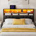 Queen Size Hidden Storage Headboard with LED Lights, Ergonomic Upholstered Queen Headboard Only with Charging Station, 2 Outlets & 2 USB Ports, Easy Assembly, Attach Frame, Dark Grey